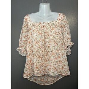 Floral Peasant Shirt Womens Medium White Pink Ruffle Sleeve Boho Tunic Top